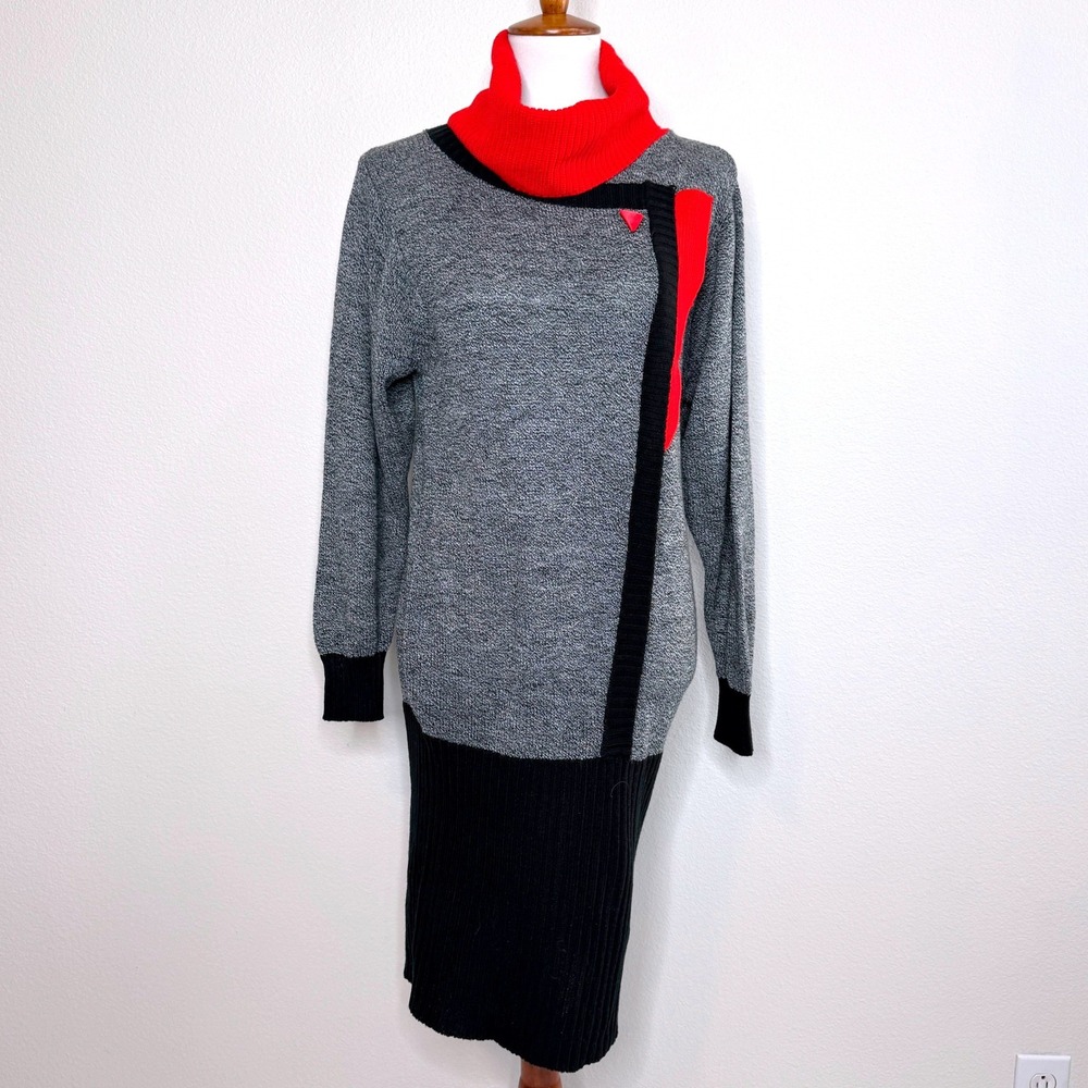 VTG 80s Dressy Tessy Colorblock‎ Sweater Dress M Red Black Gray Cowl Retro